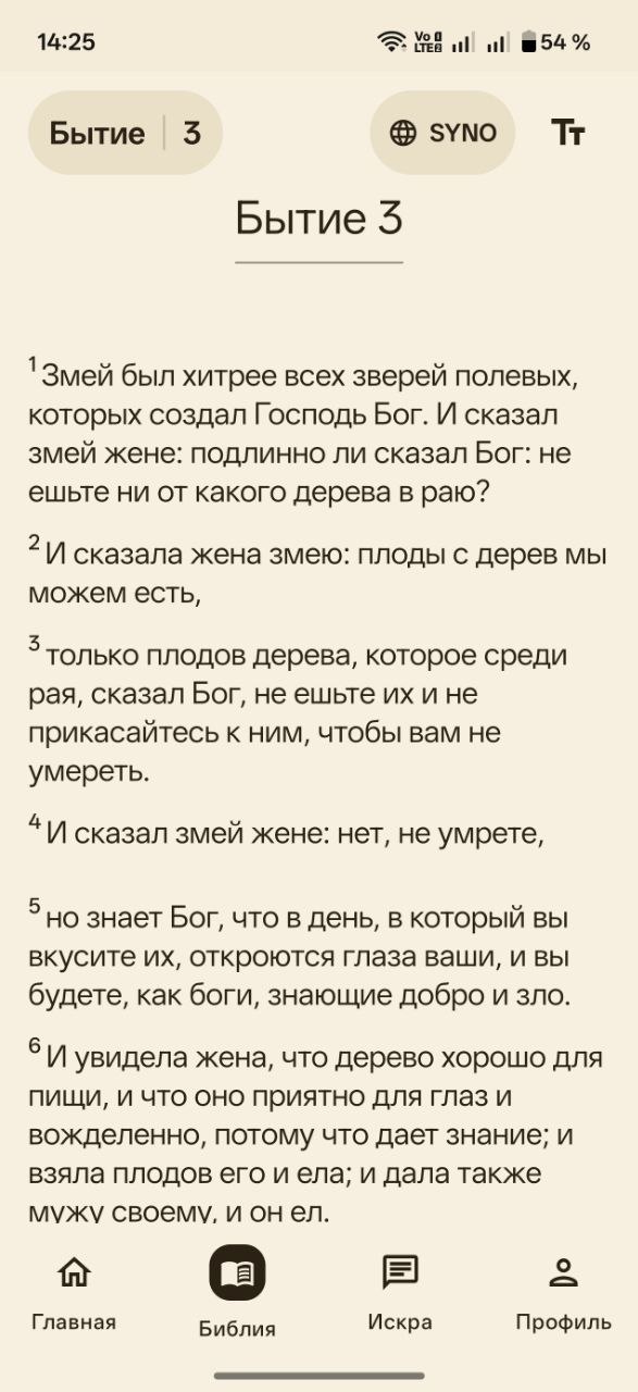 Экран чтения Библии в приложении